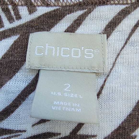 Chico's size 2  Brown/White VNeck Palm Leaf Linen Top Large Boxy Coastal - Picture 2 of 4
